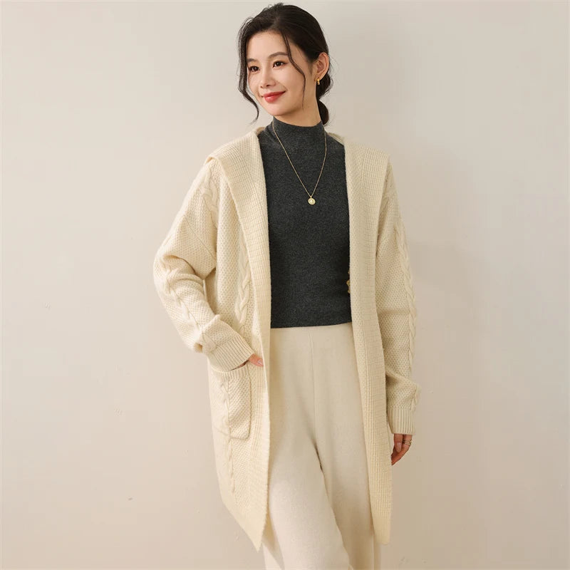 New Women 100% Merino Wool Knitted SoliCardigan long femme coupe longue tendanced Color Hodded Long with Two Pockets Cardigan Thick Comfortable Top Warm Soft Clothing