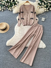 SINGREINY Female Autumn Knit Suits Bow Embroidery V Neck Cardigans+Elastic Wide Leg Pants 2026 Casual Daily Loungewear 2Pcs Sets