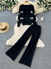 SINGREINY Female Autumn Knit Suits Bow Embroidery V Neck Cardigans+Elastic Wide Leg Pants 2026 Casual Daily Loungewear 2Pcs Sets