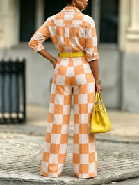Yeezzi Women Fashion Orange White Plaid Matching Pants Loose High Waisted Wide Leg Office Casual Trousers Bottoms No Belt