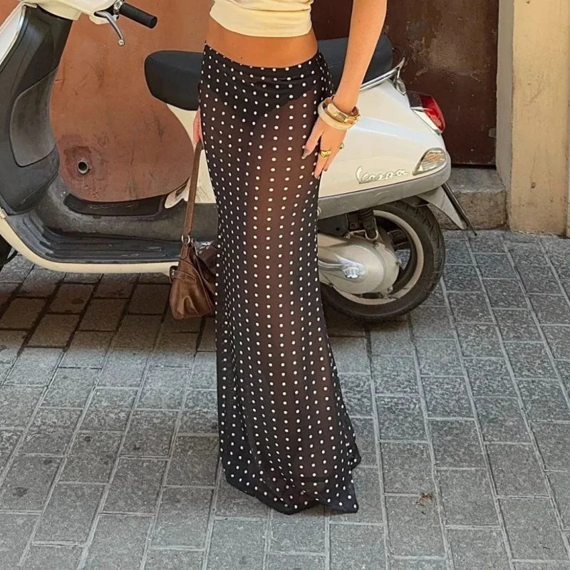 Y2K Sheer See through Cover-Ups Skirts Vintage Polka Dot Maxi Skirt Chic Women Elegant High Waist A-Line Skirt Beachwear