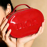 ’S Bag Luxury Glossy Bright Red Oval Handheld Makeup Organizer Pouch Patent Leather Embossed Logo Waterproof Travel Cos