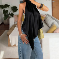 Sexy Solid Satin Vests for Women Summer Elegant Sleeveless Asymmetrical Halter Loose Vests 2026 Lady Vacation Party Chic Tanks