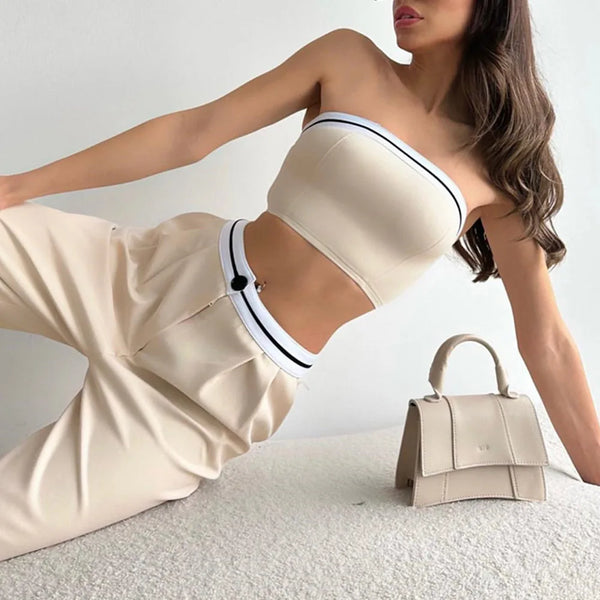 Women'S 2Piece Set Sexy Suit Set 2025 Summer New Fashion Asymmetrical Strapless Tank Top Lace up Wide Leg Pants Female Set