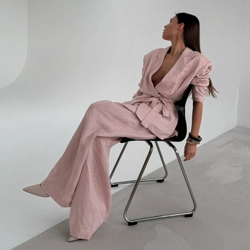 2026 Autumn Winter New High-End Cotton and Linen Suit Long Sleeved and Long Pants Set Design Sense Temperament and Fashion