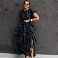 Two-Piece Skirt Set for Women Short Puff Sleeve Crop Top and High Waist Ruched Skirt Elegant Casual Flowy Outfit with Pockets