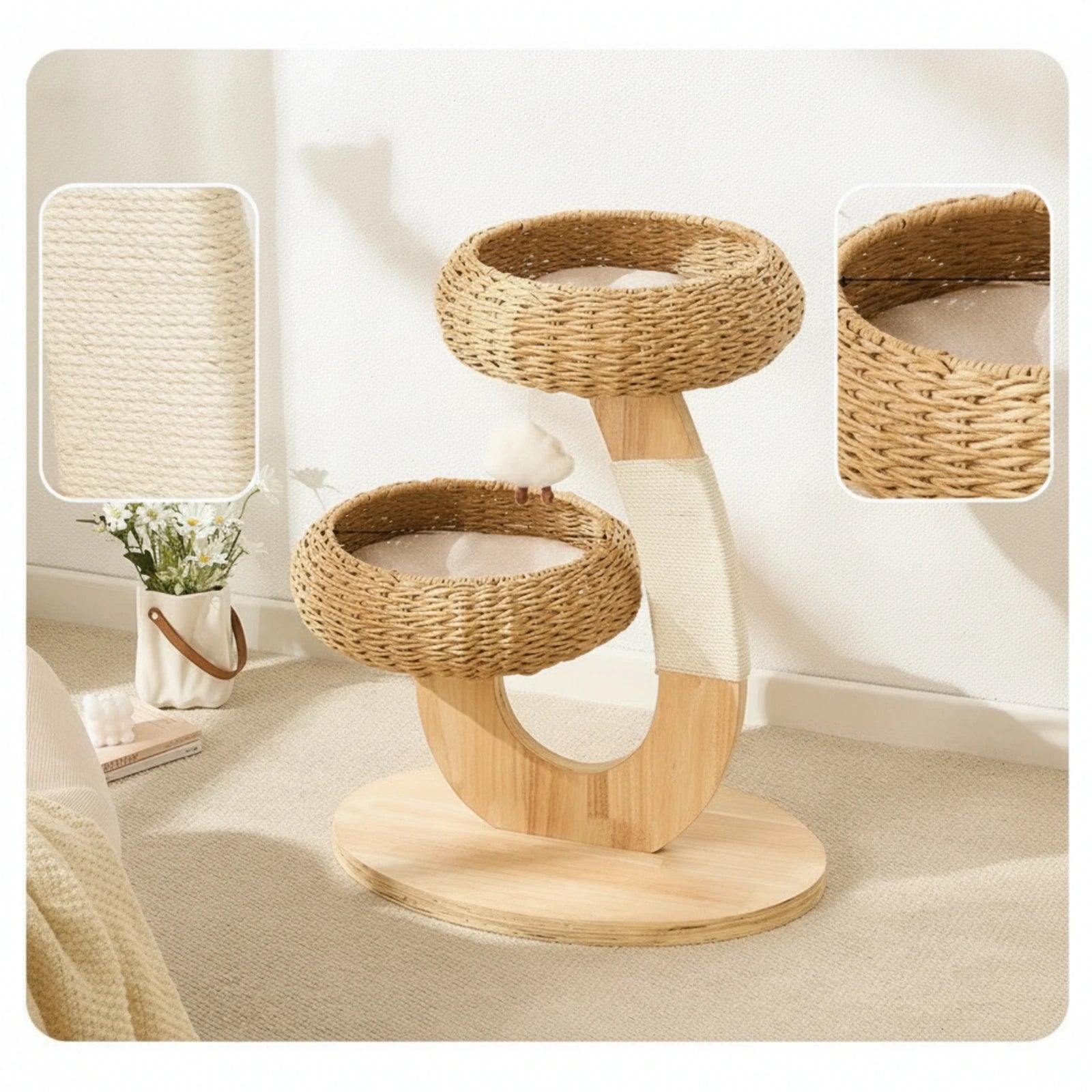 Wooden Cat Tree with Rattan Perch Natural Wood Cat Tree with Perch Pet Furniture Modern Space-Saving for Cats, Indoor