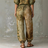 Elegant Ethnic Swirl Pattern Two Piece Suit Ladies Mid Sleeve Shirts Drawstring Waist Harem Pants Bohemian Holiday Casual Set