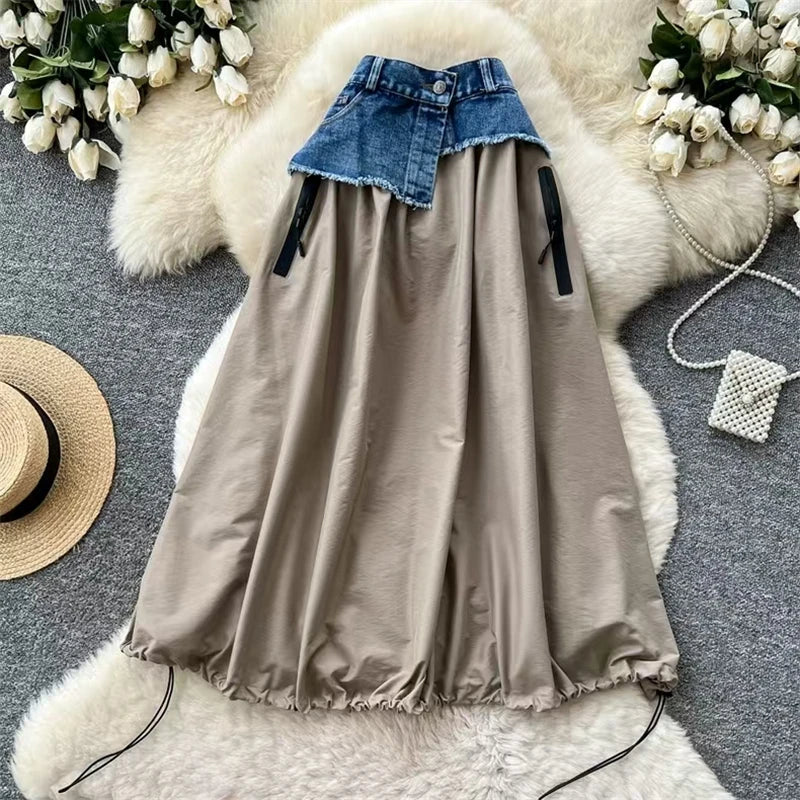 New Niche Design Women Denim Patchwork Khaki Midi Skirt Asymmetrical Waist Drawstring Hem Bubble Skirt Zipper Pockets SK8003
