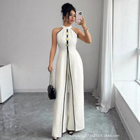 Elegant Women'S Jumpsuit Sleeveless Halter Neck Jumpsuits Wide Leg Button Front Romper Mid Waist Long Jumpsuit Maxi Solid White