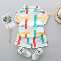 Infant and Toddler Summer Four-Color Striped Full-Print Polo Shirt and Shorts Set with Lapels