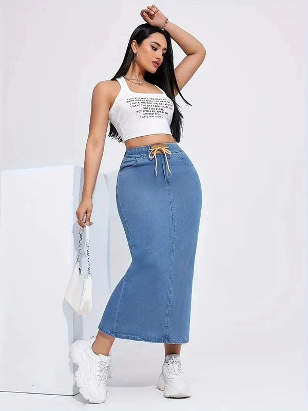 Women'S Long Denim Skirt with Elastic Waist, Drawstring, Logo Patch, Slit at the Side, A-Shaped Hip-Hugging Skirt