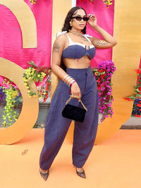 Contrast Bow Strap Striped Women Set Sleeveless Crop Top High Waist Wide Leg Pants Vertical Stripe Pattern Summer Vacation Wear