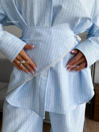 Women Blue Long Sleeve Turn-Down Collar Shirt Pants Set Fashion Cinched Waist Striped Top Wide-Leg Trousers Casual Office Outfit