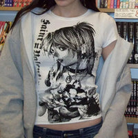 Y2K Anime Streetwear O-Neck 90S Text Printing Tops Women Harajuku Clothes Simple Vintage Crop Tee Aesthetic Emo Casual T-Shirt
