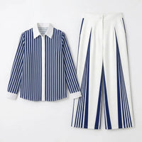 Yeezzi Women Formal Fashion Matching Set Contrast Color Striped Long Sleeve Lapel Blouse Wide Leg Full Length Pants 2 Piece Sets