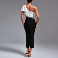 Elegant Slant Neck off Shoulder Dress Trendy Color Blocking Backless Evening Dress Sexy Hot Diamond Split Sleeveless Waist Dress