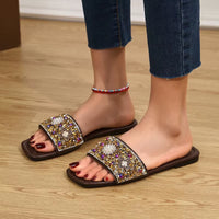 Summer Hot Selling Bright Diamond Slippers for Women in plus Size Flat Sandals Beach Shoes with Diamond Inlaid Crossbody Bag Set