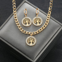 316L Stainless Steel Jewelry Set Rhinestone Tree of Life Pendant Necklace Hoop Earrings for Women Fashion Gold Gift Accessories