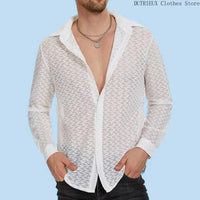 Spring/Summer Hollow-Out Mesh Trend Top Sexy Night Club Party Wear [Star'S Same Style] Men'S Long-Sleeved Lace Perspective Shirt