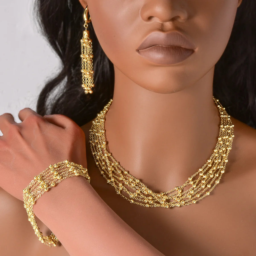 Dubai Gold Beaded Chain Necklace with Lockbone and Tassel Bead Necklace, Long Pendant Necklace, Bracelet, and Earring Set