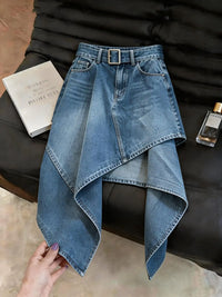 2026 New Blue Washed Denim Irregular Skirt Women