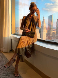 Ruched Halter Maxi Dress Women Sleeveless Backless Irregular Hem Solid Vacation Classic Basis Prom Party Elegant Vestidos