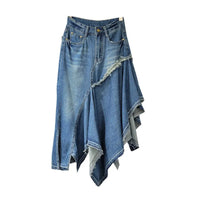 Summer New Style High-Waisted Design Stitching Irregular Washed Denim Long Skirt for Women