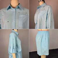 J2740 Fashion Women'S Sets Boutique Street Wear Long Sleeve Single Breasted Diamond Linen Shirt and Shorts 2 Piece Set