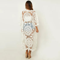 Sexy See through Long Lace Blouse Women Bikini Cover up Sheer Vintage Summer Cardigan Boho Beach Kaftan Robe Vestidos