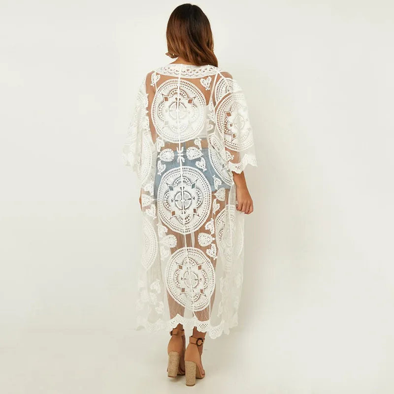 Sexy See through Long Lace Blouse Women Bikini Cover up Sheer Vintage Summer Cardigan Boho Beach Kaftan Robe Vestidos