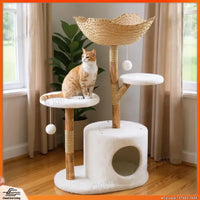 Real Wood Modern Cat Tree Tower with Wicker Condo Scratching Post Bed Boho Luxury Pet Furniture for Indoor Cats Space Saving