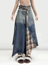Reddachic Irregular Patchwork Plaid Denim Skirt Women Do Old Gradient Overlay Waist Maxi Long Jeans Skirt Y2K Retro Streetwear