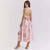 Floral Print Pleatred A-Line Midi Long Dress Women Halter 2026 Summer Dress Backless Nightclub Sexy Party Dresses