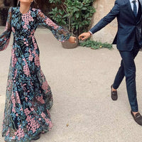 Elegant Floral Print Bohemian Long Dress Women Casual Long Sleeve Slim Pleated Evening Dress Sexy O Neck Backless Party Dresses