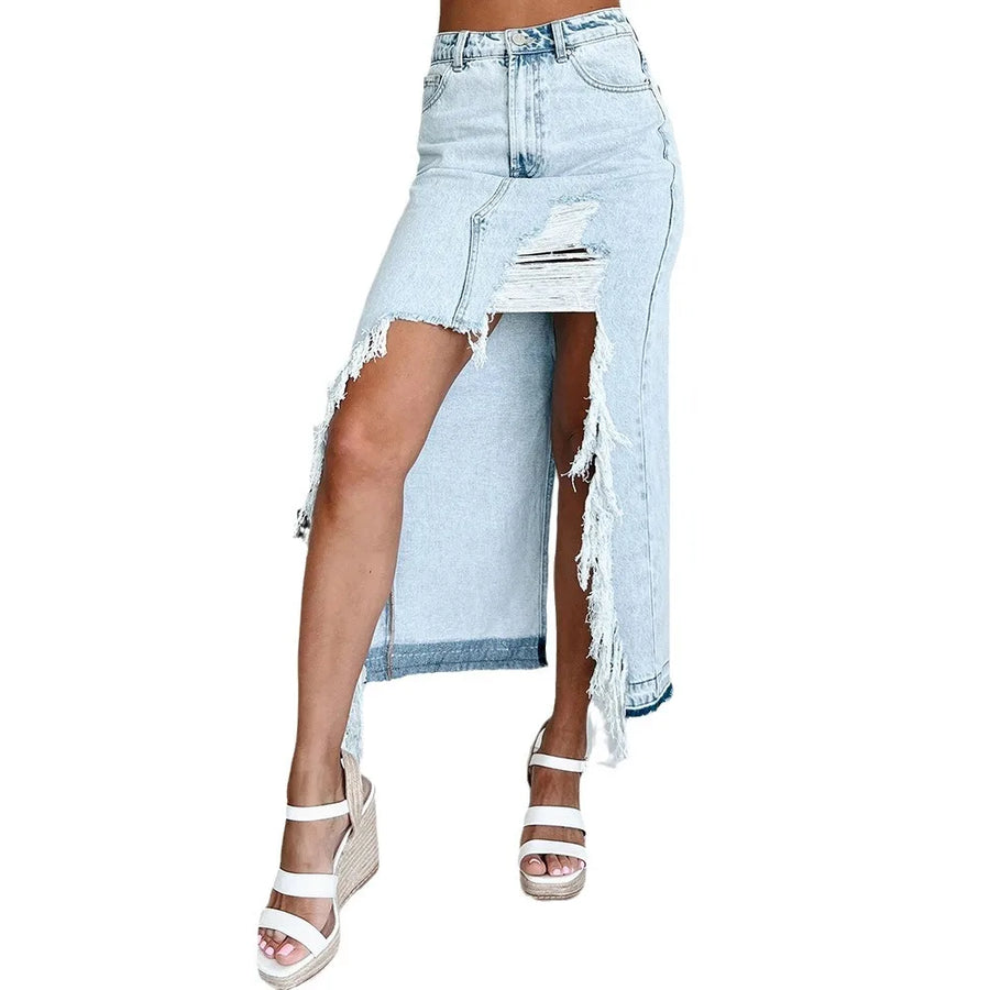 Distressed Ripped Denim Skirts Holes Skirt Solid Zipper Fly High Waist Vestidos Washed Slim Pockets Sexy Wrap Buttocks