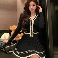 Preppy Patchwork Knitted Suit Women'S V-Neck Short Knitted Cardigan+A-Line Mini Pleated Skirt Autumn Party 2-Piece Set A139