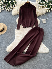 SINGREINY Women Fashion Simple Pants Suits Twist Drill Knit Zipper Sweater+Elastic Wide Leg Pants Autumn Knitted Casual 2Pcs Set