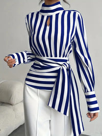 Fashion Baggy Stripes Women Blouse Elegant High Collar Long Sleeve Shirts and Blouses Vintage Girdle Lace-Up Top Women Clothes