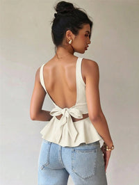 Women'S Elegant Slim Fit Ruched Hem Sleeveless Backless Top Casual Back Tie-Strap Solid Color Tank Top Summer 2026