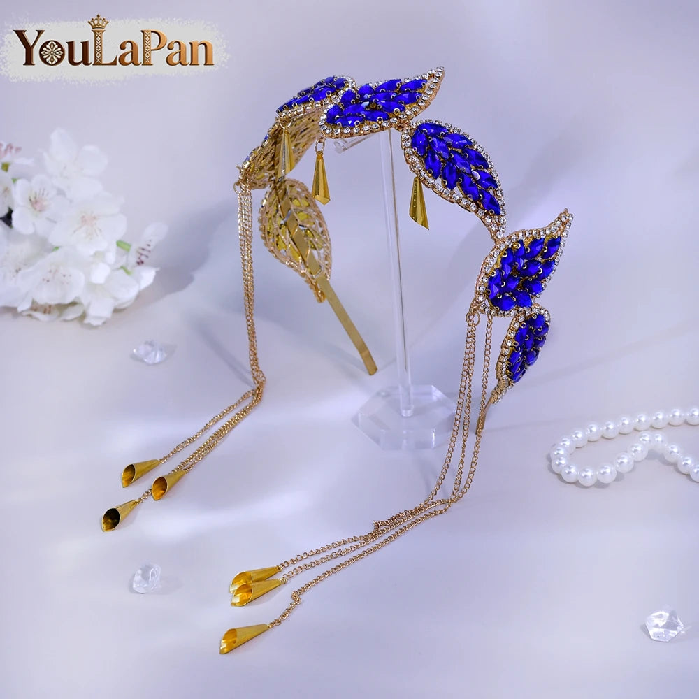 Luxury Green Color Rhinestone Leaf Bride Headband Golden Color Metal Tassel Hair Hoop Wedding Hair Accessories A365