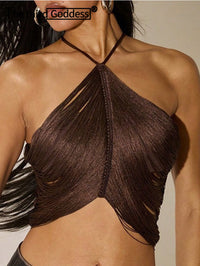 Sexy Vintage Tassel Crop Top Women Summer See through Halter Tanks Top Club Party Tops for Woman Clothing Cropped Streetwear Hot