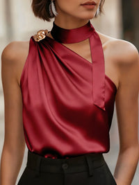 Chic Halter One Shoulder Satin Draped Burgundy Sleeveless Blouse, Tank Top for Party & Office Women
