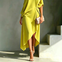 Women One Shoulder Midi Dress Batwing Sleeve Waist Twist Knot Asymmetrical Hem Dress for Cocktail Party Evening Outfit