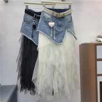 Denim Patchwork Mesh Skirt for Women Summer High Waist A-Line Midi Skirt Daily Streetwear Slim Fit A-Line Half Skirts