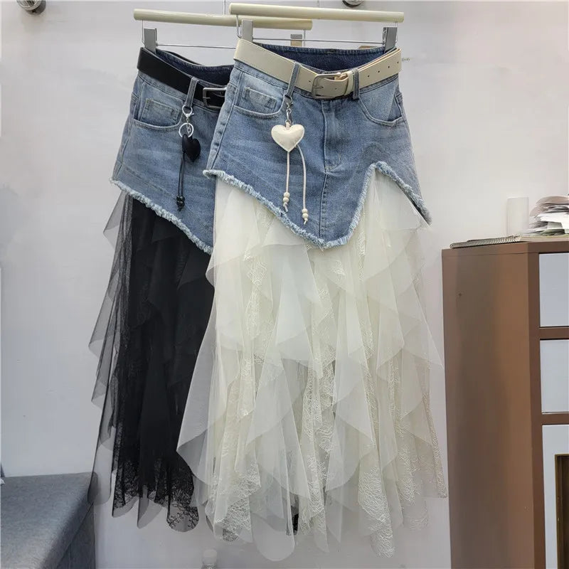 Denim Patchwork Mesh Skirt for Women Summer High Waist A-Line Midi Skirt Daily Streetwear Slim Fit A-Line Half Skirts
