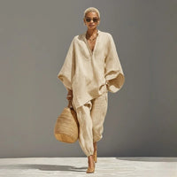 Casual V-Neck Two Piece Set Women Outfits Summer 2026 Fashion Loose Long Sleeve Tops and Wide Leg Pants Sets Suits Elegant