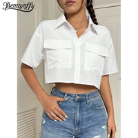 Streetwear Summer Short Sleeved Shirts Women Fashion 2026 New White Pockets Casual Loose Crop Tops Y2K Female Clothes