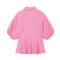 Women'S Striped Shirt New 2026 Spring Casual Short Puff Sleeve Lapel Collar Flared Hem Button Women Shirt & Blouses Female Tops
