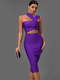 Summer One Shoulder Cut Out Midi Bodycon Dress for Women Bandage Dress Purple Elegant Cocktail Evening Night Out Party Dress Sex